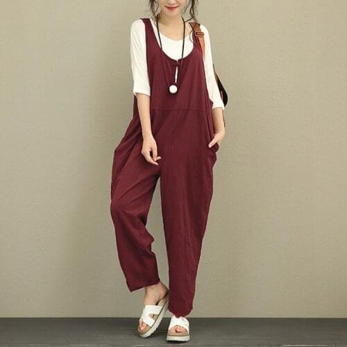 Womens solid color cotton and linen series casual loose and comfortable trousers with buttons and pockets one-piece suspenders