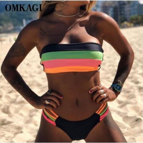 OMKAGI Bikini Low Waist Swimwear Women Swimsuit Push Up Micro Bikini Womens Bathing Suits Biquini Swimwear Bandeau Bikini 2021