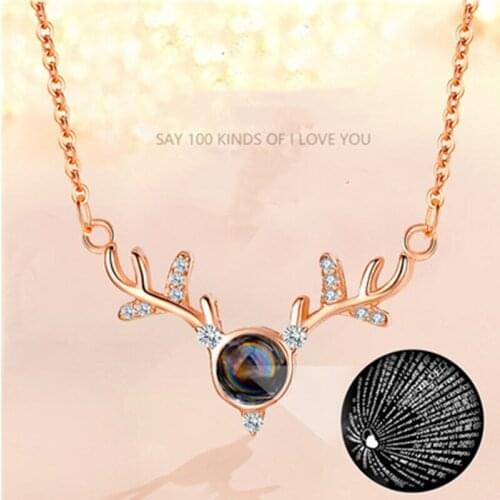 Antler Letter Necklace 100 Languages I Love You Projection Pendant Necklace Women Jewelry Collier Femme Bijoux for Best Friends