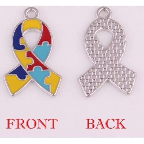 Autism Awareness Pendants With Holes enamel ribbon Charm with Autism Hope Wholesale ID Jewellery rhodium plated