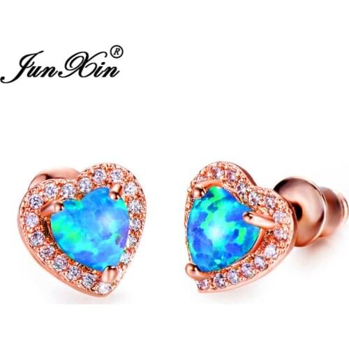 JUNXIN Cute Heart Stud Earrings For Women Rose Gold Filled Blue Fire Opal Earrings Female Rainbow Zircon Birthstone Earrings CZ