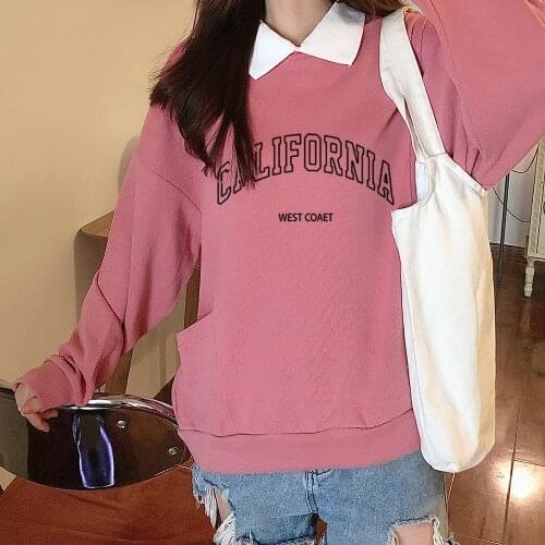 California Letter Print Sweatshirt 90s Aesthetic Hoodie Cotton Oversize Harajuku Sweatshirts Women Pullover Turn-down Collar Top