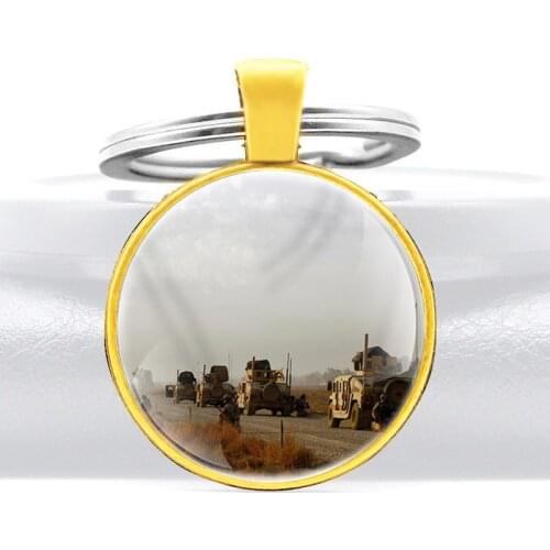 Tank Army Design Gold Classic Glass Dome key Chains Men Women Key Ring Jewelry Gifts