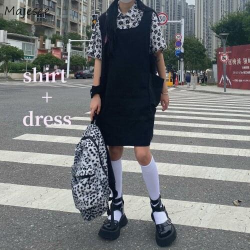 Women Dress Sets Loose Flower Shirt Cozy Korean Style Summer Black Streetwear Fashion Casual Cool Student Holiday Basic Strap