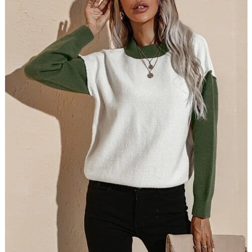 Sweater for Women Contrast Color Loose Casual O-Neck Long Sleeve Knitted Pullover Tops Jumper Female 2021 New Fashion Knitwear