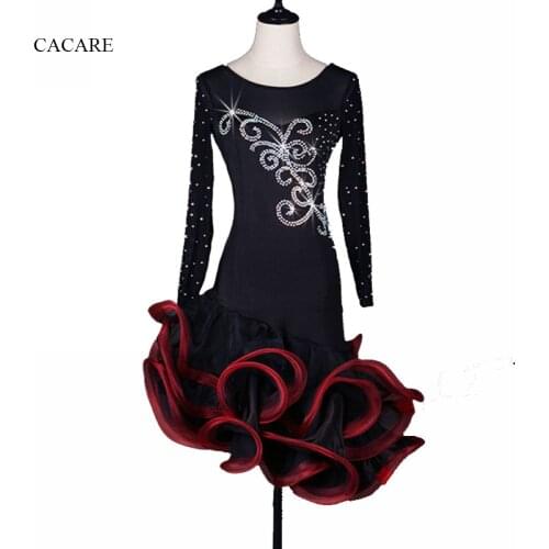 Latin Dance Dress Women Girls Latin Dance Competition Dresses Salsa Samba Costumes D0296 with Shinning Rhinestones Fluffy Hem