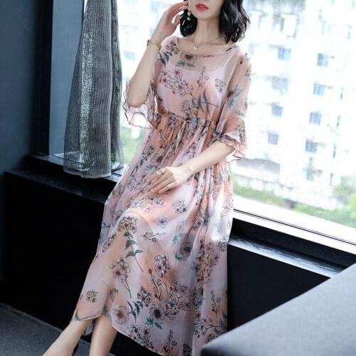Silk Dress Women 2020 Spring Summer Temperament Ruffled Mid-sleeved Floral Vestidos Mujer High Waist Mulberry Silk Dresses A955
