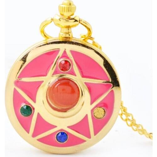 50pcs/lot Crystal Pentagram Sakura Pocket Watch Necklace Fashion Cartoon Beauty Girl Pocket Watch Gift Watch Wholesale