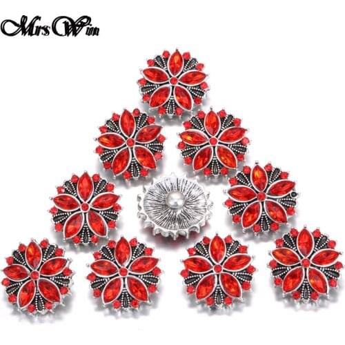 6pcs/lot Mrs Win Snap Jewelry High Quality Red Rhinestone Flowers Snap with Alloy Buttons Fit Snap Bracelet bangles necklace