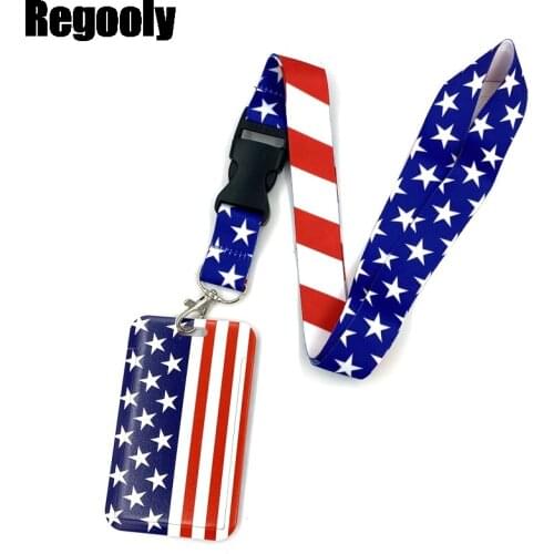 America Flag Lanyard Credit Card ID Holder Bag Student Women Travel Card Cover Badge Car Keychain Decorations
