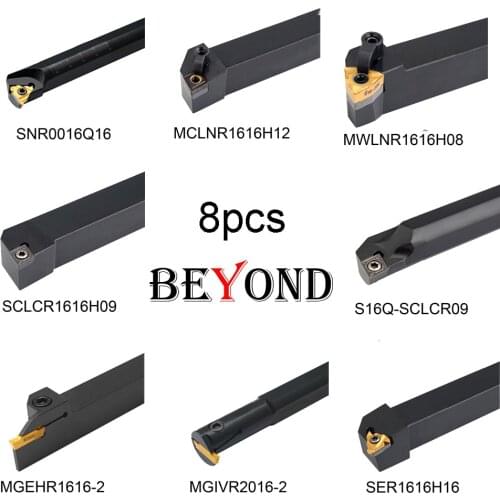 BEYOND 16mm 8pcs Lathe Cutting Tools Set Turning Tool Holder Set 16*16 SNR S16Q SER SCLCR SCLCR09 MGEHR MGIVR 1616 Boring Bar