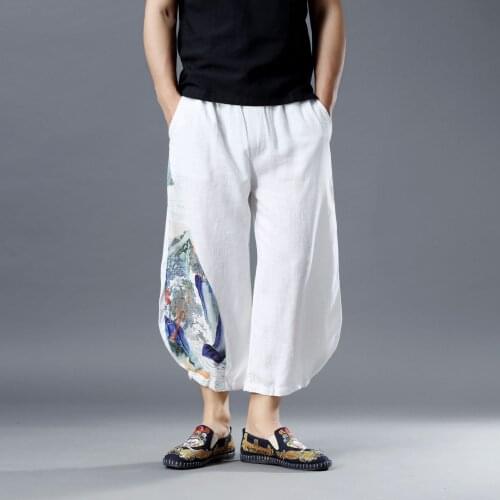 Summer Men Yoga Pant Sweatpants Linen Printing Wide Leg Loose Bloomers Baggy Jogger Exercise Gym Running Casual Pant Sportswear