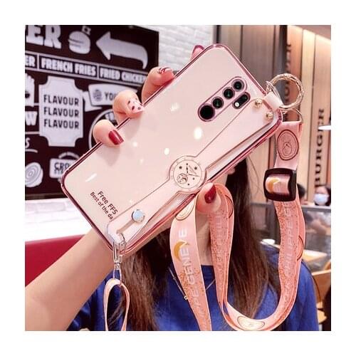 For Xiaomi Redmi Note 9 8 7 Pro Case Soft Silicone plating Slim With Wristband protective Back Cover Case For xiaomi poco F2 Pro