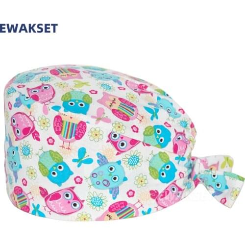 Owl Printed Sanitary Cap Breathable nursing scrubs hat adjustable scrub hats for long hair nurse accessories Surgicals Caps