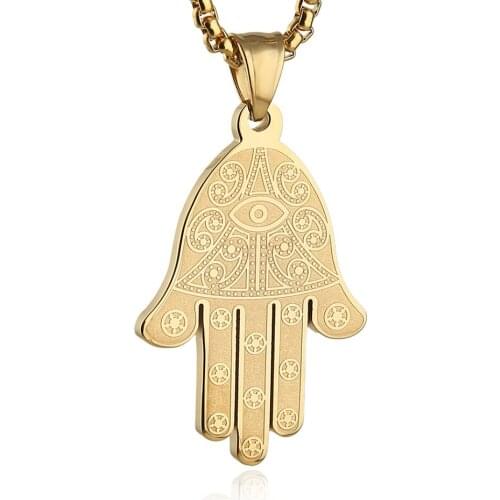HZMAN Stainless Steel Egyptian Eye Fatima Hamsa Hand Pendant Necklace Success and Protection Lucky