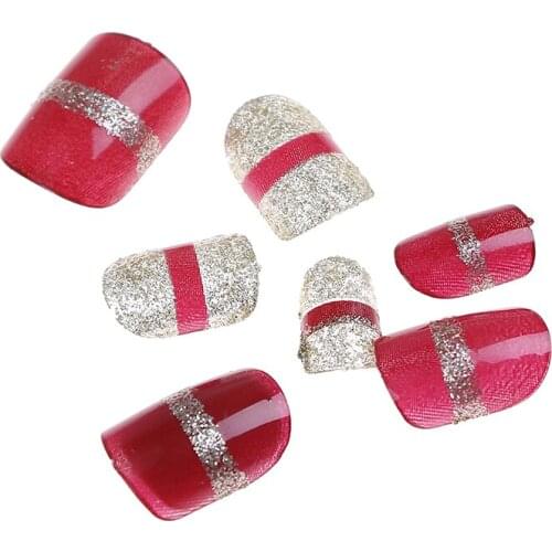 24pcs/set Short Wine Red Nail Art False Nails With Golden Glitter Champagne Wedding Nail Tips Matte Fake Nails With Glue