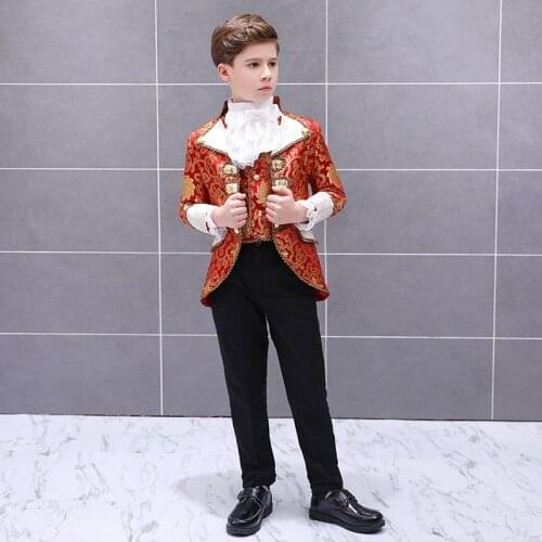 King Prince Renaissance Medieval Boy Cosplay Party Costume Coat+Pants+Tie Full Set plus size Kids costumes