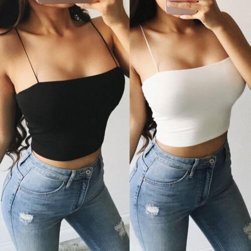 Women Basic Cami Top On Thin Straps Summer Sleeveless Tanks Top Cotton Black White Vest Cropped Seamless Female Tees Steetwear