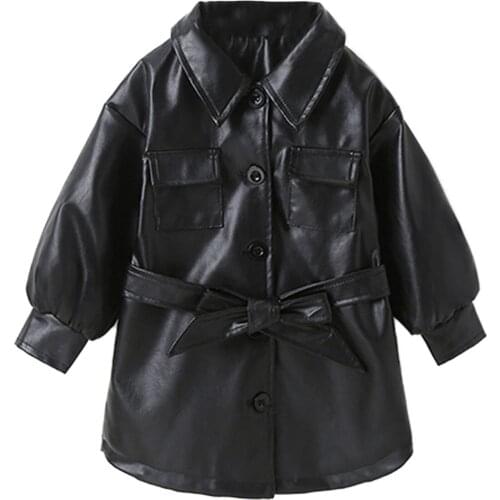 Fashion Little Girl Leather Lapel Collar Long Wind Coat Jackets Waist Belt Free Tie Up Bow Warmer PU Autumn Dust coat New Hot