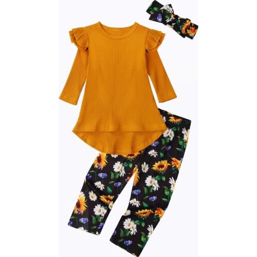 0-5Y Casual Baby Clothes Set Solid Long Fly Sleeve Knitted Top with Floral Printed Long Pants and Bow Headband Autumn 3pcs