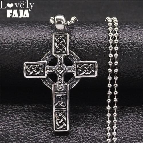 Stainless Steel Irish Knot Cross Chain Necklace Women/Men Big Long Silver Color Necklaces Jewelry colgante hombre N4519S05