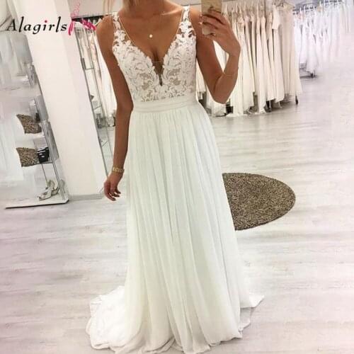 Appliques Illusion Wedding Gowns Tank V Neckline Beach Wedding Dress Elegant White Dress For Bride Plus Size 2020