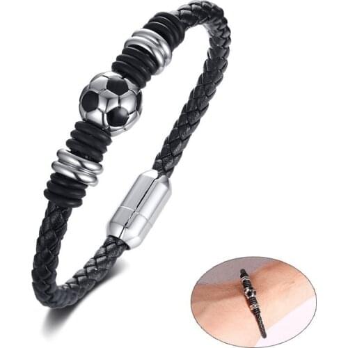 Stylish Mens Genuine Leather Bracelet Sports Football Soccer Charm Wrist Bangle pulseira masculina