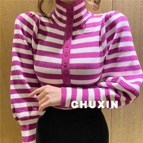 Puff Sleeve Turtleneck Knitted Sweater Women Fall Winter 2021 New Buttons Casual Korean Chic Striped Pullover Jumpers Female Top