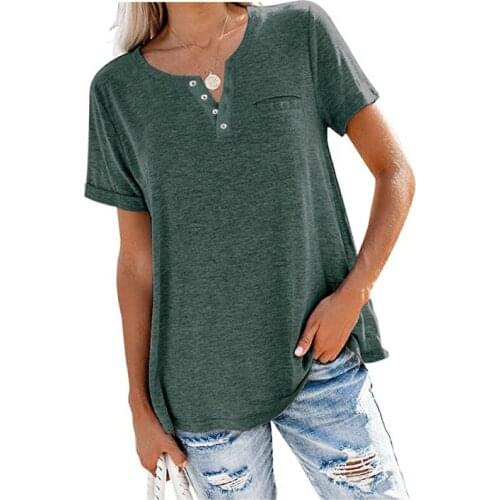 Summer 2021 New Arrival Women Tops GA V-Neck Short-Sleeved Pocket Loose T-shirt Women Solid Color Woman Teees Korean Outwearr