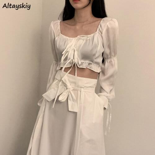 Women Sets Harajuku Streetwear 2 Piece Cropped Tops Square Collar Bow Drawstring High Waist Skirts Slit Design Vintage Chic New