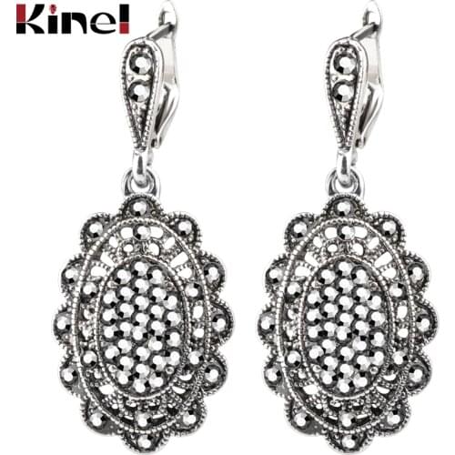 Kinel Hot Gray Crystal Drop Earrings Fashion Jewelry For Women Silver Color Hollow Petals Vintage Wedding Jewelry Wholesale