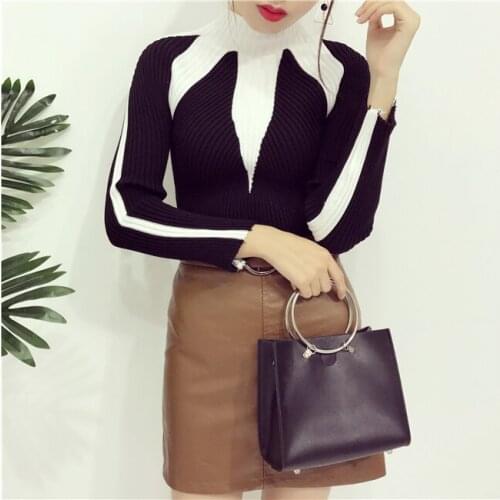 2017 Fall Winter Knitted Sweaters Women Stand Collar Pullovers Sweaters Fashion Black And White Cross Knitwear Sweaters NS06