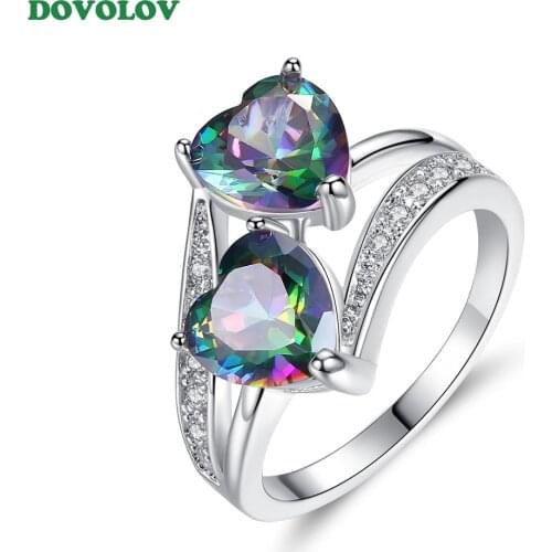 Double Heart Rainbow CZ Ring in Rhodium Plated Wedding Bands Rings For Women Accessories Engagement Jewelry Three Color D3