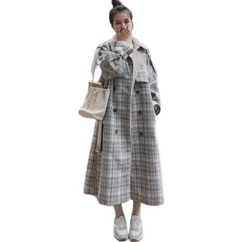 Woolen Coats Female 2021 Winter Plaid Korean Loose Thicken Double Breasted Lapel Fashion Womens Jackets Vintage Clothing Belt