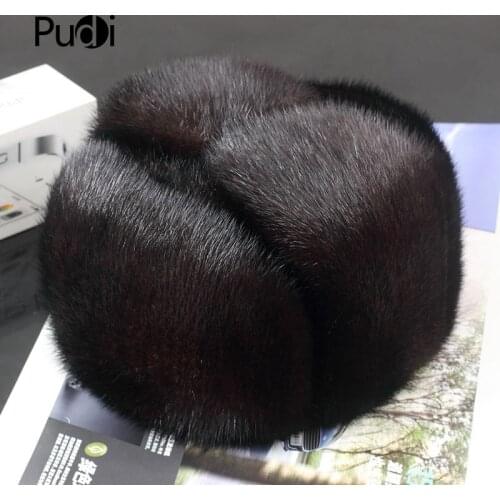 Pudi 170760 Men Mink Fur Hat Mens Mink Fur Trapper Cap Genuine Sheepskin Leather Hunting Hat Ushanka