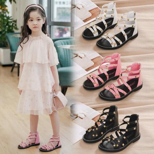 2021New Kids Sandals Children Fashion Beach Princess Rivet Shoes Summer Non-slip Flats Roman Sandal Black White Pink 3-13T