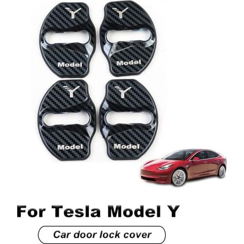 4Pcs Car-Styling Stainless Steel Door Lock Buckle Cover Automobile Emblems Case Decoration Accessories For Tesla Model Y 2021