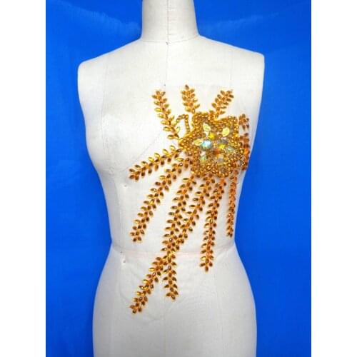 Handmade sew on Rhinestones applique golden crystal trim patches with stones sequins beads for dress 38*21cm