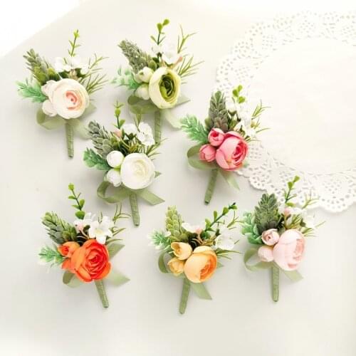 Groom Boutonniere Wedding Pins Corsage Groomsmen Buttonhole Brooch Flowers Mariage Homme Rose Silk White Prom Guests Accessories