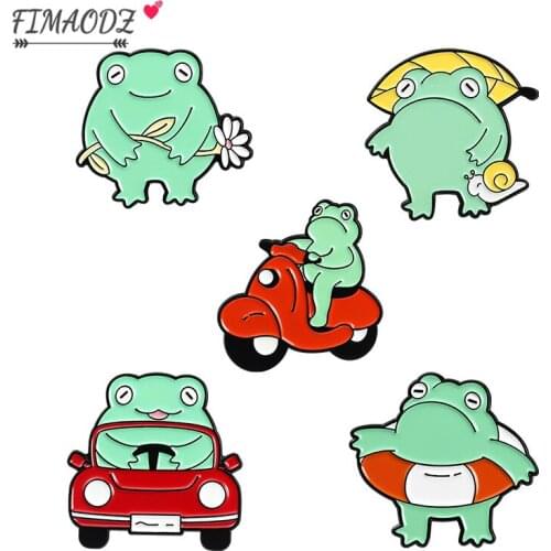FIMAODZ Fun Frog Enamel Pins Drive Red Car Swimming Frog Cartoon Creative Animal Badge Metal Brooch Bag Accessories