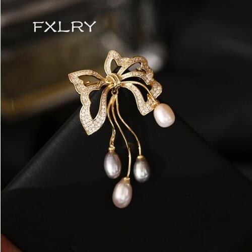 FXLRY Exquisite elegant cubic zircon butterfly natural pearl brooch female corsage luxury sweater pin accessories