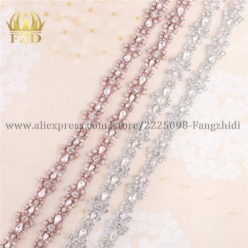 FZD Retail(1 Yard) Handmade Hot Fix Clear Rhinestone Crystal Appliques for Wedding Gown Iron on Belt Headpieces Garters
