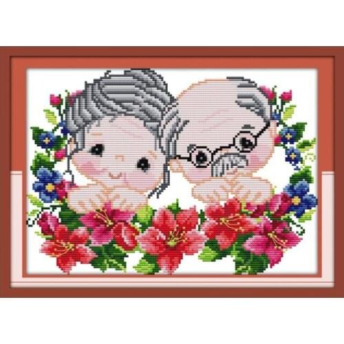 The old couple stayed together to the old warm cross-stitch pattern, send grandparents birthday gift hand embroidery paintings