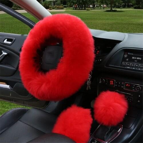 3pcs/set Fur Car Steering Wheel Cover Red Color Wool Winter Essential Universal Furry Fluffy Thick Faux Three Season