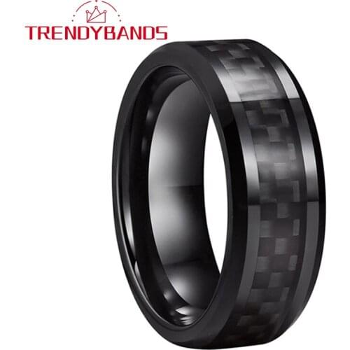 8MM Black Fashion Tungsten Engagement Rings For Men Women Wedding Bands Carbon Fiber Inlay Beveled Edges Comfort Fit