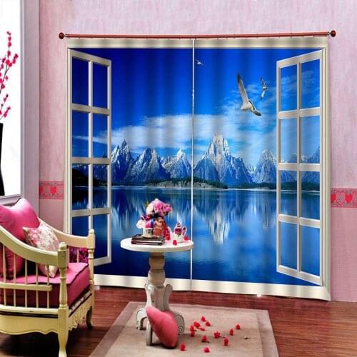 Custom Outside the window HD Lake Water Snow Mountain Landscape Scenery Curtain For Living room Bedroom Blackout Window Drapes