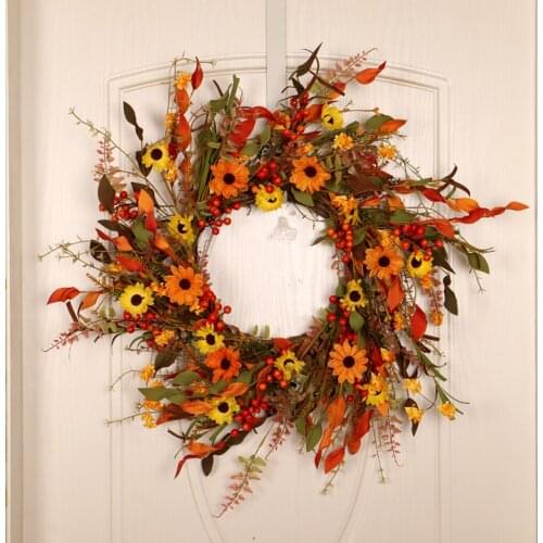 Autumn 65cm Front Door Hanging Floral Wreath with Yellow Daisy and Berry for Thanksgiving Day