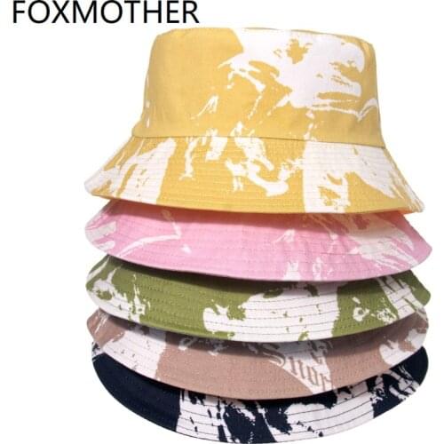 FOXMOTHER New Unisex Fashion Outdoor Sun Caps Reversible Yellow Green Graffiti Tie Dye Bucket Hats For Women 2021