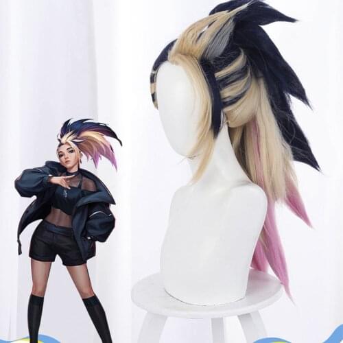 Game LoL KDA Akali Cosplay Wig Mixed Color Long Ponytail Wigs League Of Legends Cosplay Halloween Wig For Women CS432
