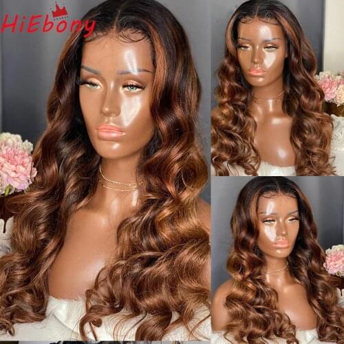 HiEbony Remy Human Hair Lace Front Wigs Preplucked 180% Full density Glueless T type 13x6 Lace Front Wigs Brown Ombre Lace Wigs
